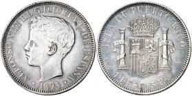 1895. Alfonso XIII. Puerto Rico. PGV. 1 peso. (AC. 128). 24,88 g. Leves rayitas. Limpiada. Ex Colección Manuela Etcheverría. Rara. MBC+.