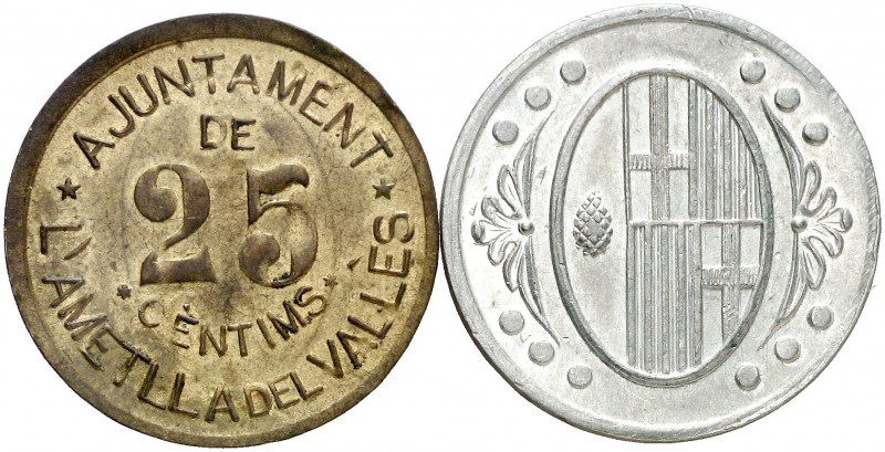 Ametlla del Vallès. 25 céntimos y 1 peseta. (AC. 1 y 4). 2 monedas. MBC+.