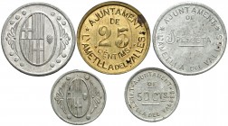 Ametlla del Vallès. 25, 50 céntimos (dos) y 1 peseta (dos). (AC. 1 a 5). 5 monedas, serie completa. MBC/EBC.
