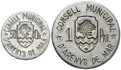 Arenys de Mar. 50 céntimos y 1 peseta. (AC. 6 y 7). 2 monedas, serie completa. MBC+/EBC-.