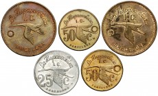 Barcelona. La Sagrera. La Hispano Suiza I.C. 25, 50 (dos) céntimos, 1 (dos) pesetas. (AL. 1557 aa 59). Lote de 5 monedas. A examinar. MBC/EBC.