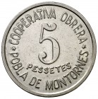 Pobla de Montornès. Cooperativa Obrera. 10 céntimos, 2 y 5 pesetas. (AL. 2511, 2513 y 2514). 3 monedas. Raras. MBC-/MBC+.
