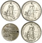1937. 1 peseta Santander, Palencia y Burgos, 2 pesetas Asturias y León (tres). 4 monedas. MBC/EBC.
