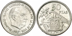 1957. Franco. BA (Barcelona). 50 pesetas. (AC. 156). 12,66 g. EBC-.