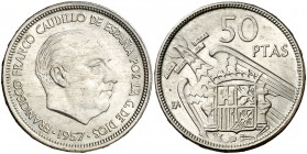 1957. Franco. BA (Barcelona). 50 pesetas. (AC. 156). 12,65 g. EBC.