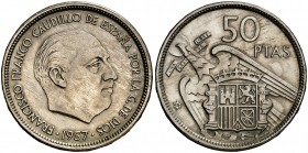 1957*58. Franco. 50 pesetas. (AC. 133). 12,40 g. UNA-LIBRE-GRANDE. Rara y más así. EBC-.