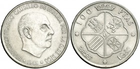 1969*1969. Franco. 100 pesetas. (AC. 148). 19,23 g. Palo curvo. Mínimas marquitas. Escasa. EBC+.