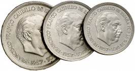 1957. Franco. BA (Barcelona). 5, 25 y 50 pesetas. (AC. 154-156). Serie completa de 3 monedas. S/C-.