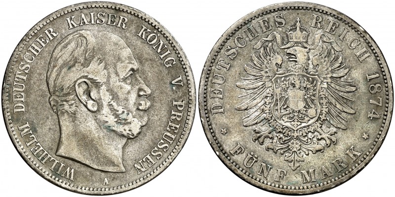 1874. Alemania. Prusia. Guillermo I. Berlín. 5 marcos. (Kr. 503). 27,37 g. AG. M...
