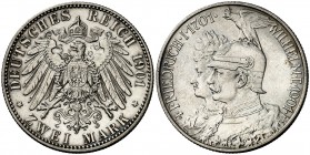 1901. Alemania. Prusia. Guillermo II. Berlín. 2 marcos. (Kr. 525). AG. EBC.
