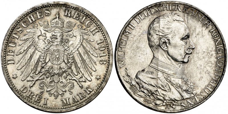1913. Alemania. Prusia. Guillermo II. Berlín. 3 marcos. (Kr. 535). AG. EBC.