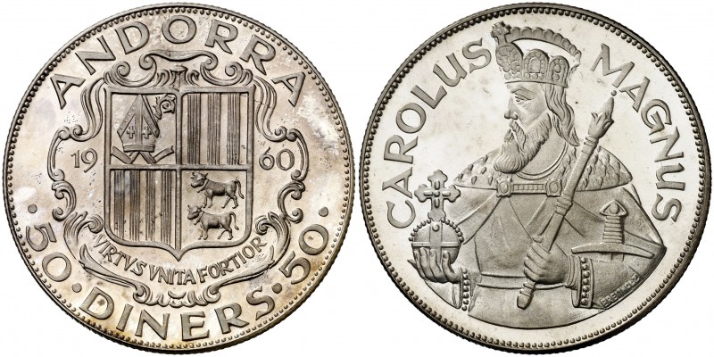 1960. Andorra. 50 diners. (Kr.UWC. M1). 28,10 g. AG. Carlomagno. Acuñación de 31...