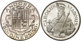 1960. Andorra. 50 diners. (Kr.UWC. M1). 28,10 g. AG. Carlomagno. Acuñación de 3100 ejemplares. Proof.