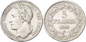 1848. Bélgica. Leopoldo I. 5 francos. (Kr. 3.2). 24,67 g. AG. MBC/MBC+.