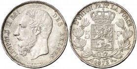 1873. Bélgica. Leopoldo II. 5 francos. (Kr. 24). 24,96 g. AG. EBC-.