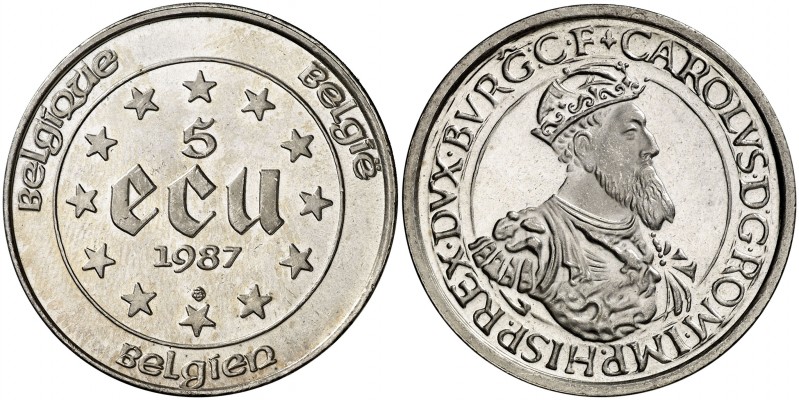 1987. Bélgica. 5 ecu. (Kr. 166). 22,88 g. AG. Carlos V. S/C.