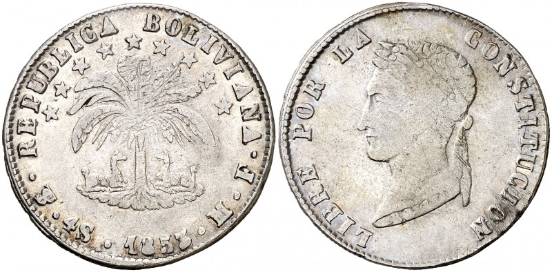 1853. Bolivia. Potosí. MF. 4 soles. (Kr. 123.2). 12,87 g. AG. MBC.