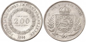 1866. Brasil. Pedro II. 200 reis. (Kr. 469). 2,54 g. AG. EBC+.