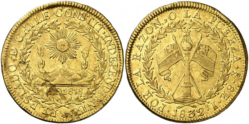 1832. Chile. Santiago. I. 8 escudos. (Cal.Onza 1625) (Fr. 33) (Kr. 84). 26,95 g....