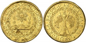 1832. Chile. Santiago. I. 8 escudos. (Cal.Onza 1625) (Fr. 33) (Kr. 84). 26,95 g. AU. Golpecitos. Hojitas. Parte de brillo original. Escasa. (MBC/MBC+)...