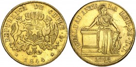 1844. Chile. Santiago. IJ. 8 escudos. (Cal.Onza 1649) (Fr. 41) (Kr. 104.2). 27,10 g. AU. OCTUBRE en canto. Leves golpecitos. MBC+.