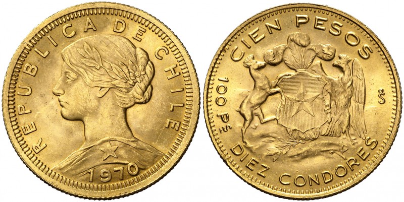 1970. Chile. 100 pesos/10 cóndores. (Fr. 54) (Kr. 175). 20,33 g. AU. Golpecito. ...