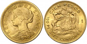 1970. Chile. 100 pesos/10 cóndores. (Fr. 54) (Kr. 175). 20,33 g. AU. Golpecito. S/C-.