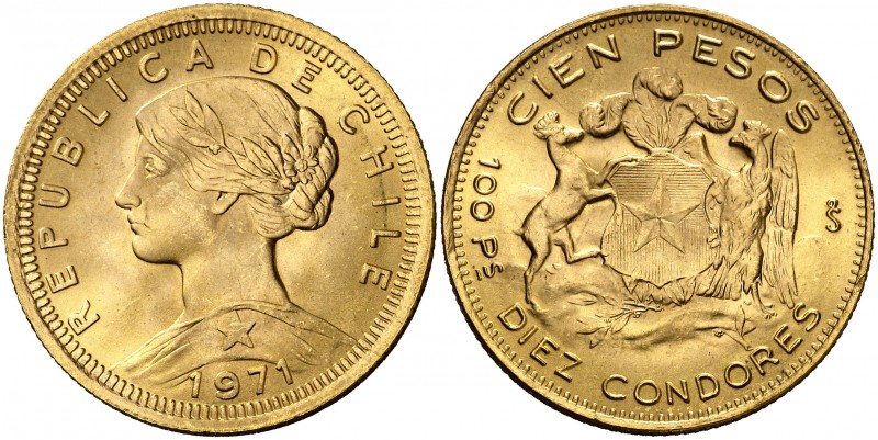 1971. Chile. 100 pesos/10 cóndores. (Fr. 54) (Kr. 175). 20,31 g. AU. S/C-.