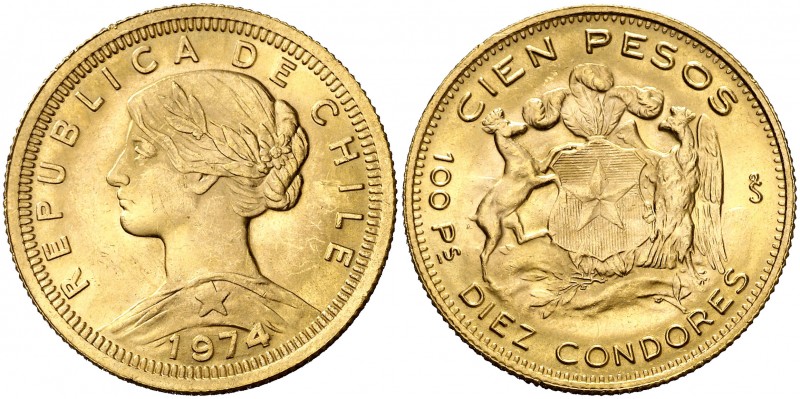 1974. Chile. 100 pesos/10 cóndores. (Fr. 54) (Kr. 175). 20,32 g. AU. S/C-.