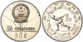 1980. China. 30 yuan. (Kr. 24). 16 g. AG. Olimpiadas 1980. Proof.
