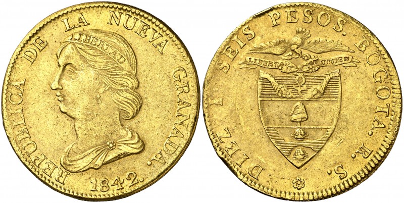 1842. Colombia. Bogotá. RS. 16 pesos. (Fr. 74) (Kr. 94.1) (Restrepo 211-11). 26,...