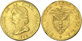 1842. Colombia. Bogotá. RS. 16 pesos. (Fr. 74) (Kr. 94.1) (Restrepo 211-11). 26,93 g. AU. Golpecitos. MBC+/MBC.
