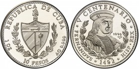 1990. Cuba. 10 pesos. (Kr. 263). 30,99 g. AG. V Centenario-Fernando el Católico. Acuñación de 5000 ejemplares. Proof.