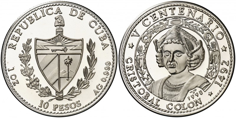 1990. Cuba. 10 pesos. (Kr. 265). 31,02 g. AG. V Centenario-Cristóbal Colón. Acuñ...