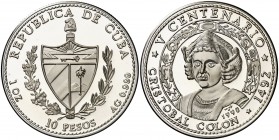 1990. Cuba. 10 pesos. (Kr. 265). 31,02 g. AG. V Centenario-Cristóbal Colón. Acuñación de 5000 ejemplares. Proof.