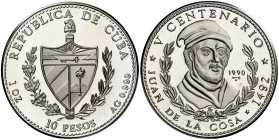1990. Cuba. 10 pesos. (Kr. 266). 31,08 g. AG. V Centenario-Juan de la Cosa. Acuñación de 5000 ejemplares. Proof.