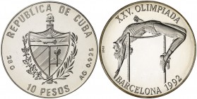 1990. Cuba. 10 pesos. (Kr. 345). 27,96 g. AG. Juegos Olímpicos-Barcelona'92. Salto. Proof.