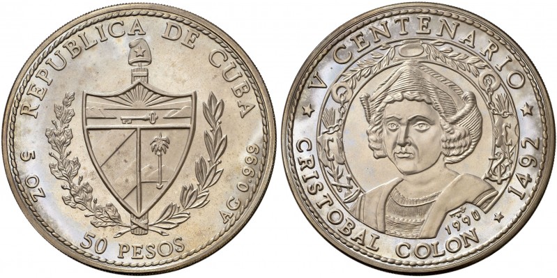 1990. Cuba. 50 pesos. (Kr. 294). 155,47 g. AG. V Centenario-Cristóbal Colón. Acu...