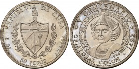 1990. Cuba. 50 pesos. (Kr. 294). 155,47 g. AG. V Centenario-Cristóbal Colón. Acuñación de 2000 ejemplares. Proof.