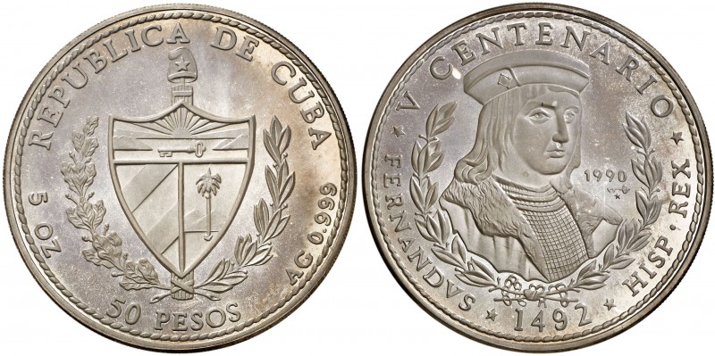 1990. Cuba. 50 pesos. (Kr. 295). 155,58 g. AG. V Centenario-Fernando el Católico...
