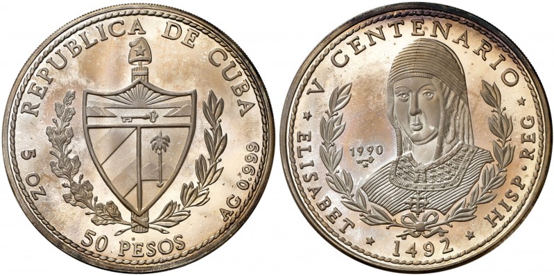 1990. Cuba. 50 pesos. (Kr. 296). 155,60 g. AG. V Centenario-Isabel la Católica. ...