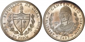 1990. Cuba. 50 pesos. (Kr. 296). 155,60 g. AG. V Centenario-Isabel la Católica. Acuñación de 2000 ejemplares. Proof.