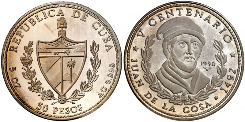 1990. Cuba. 50 pesos. (Kr. 297). 156,03 g. AG. V Centenario-Juan de la Cosa. Acu...