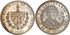 1990. Cuba. 50 pesos. (Kr. 297). 156,03 g. AG. V Centenario-Juan de la Cosa. Acuñación de 2000 ejemplares. Proof.