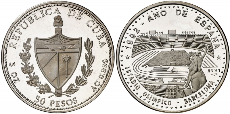 1991. Cuba. 50 pesos. (Kr. 343). 155,87 g. AG. Año de España-Estadio Olímpico, B...