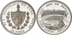 1991. Cuba. 50 pesos. (Kr. 343). 155,87 g. AG. Año de España-Estadio Olímpico, Barcelona. Acuñación de 1050 ejemplares. Proof.