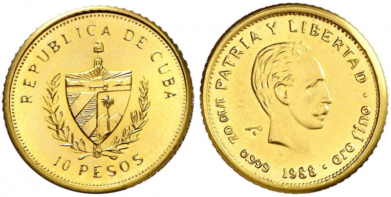 1988. Cuba. 10 pesos. (Fr. 24) (Kr. 211). 3,10 g. AU. Acuñación de 50 ejemplares...