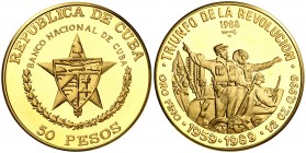 1988. Cuba. 50 pesos. (Fr. 19) (Kr. 210). 15,52 g. AU. Triunfo de la Revolución. Acuñación de 150 ejemplares. Rara. Proof.