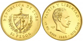 1988. Cuba. 50 pesos. (Fr. 21) (Kr. 214). 15,57 g. AU. Acuñación de 12 ejemplares. Rara. S/C.