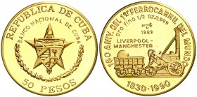 1989. Cuba. 50 pesos. (Fr. 28) (Kr. 313). 15,53 g. AU. 160º Aniversario del 1er ferrocarril del mundo: Liverpool-Manchester. Acuñación de 150 ejemplar...